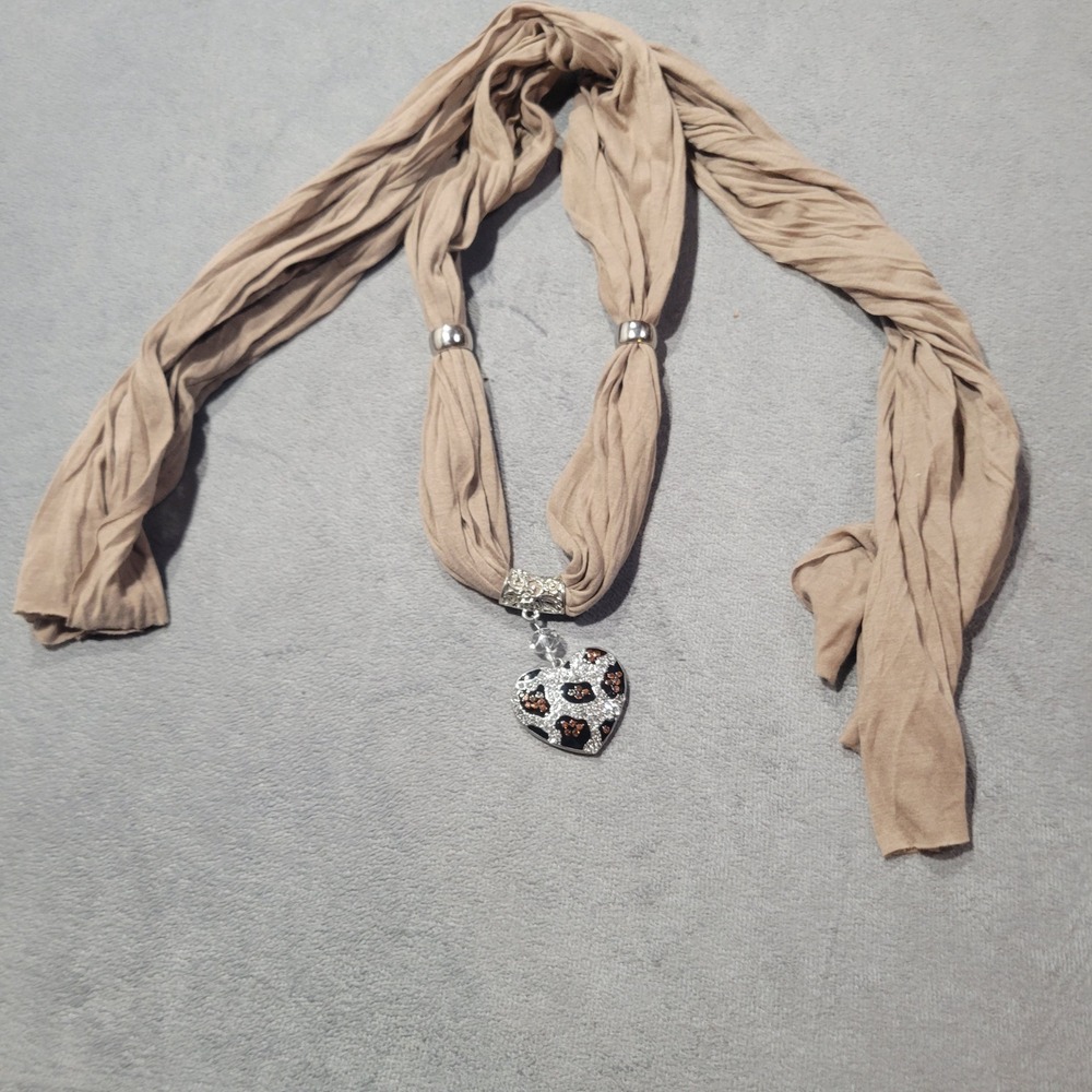 Scarf Necklace Women Tan Leopard Heart Rhinestone Statement Boho Heart Hippie